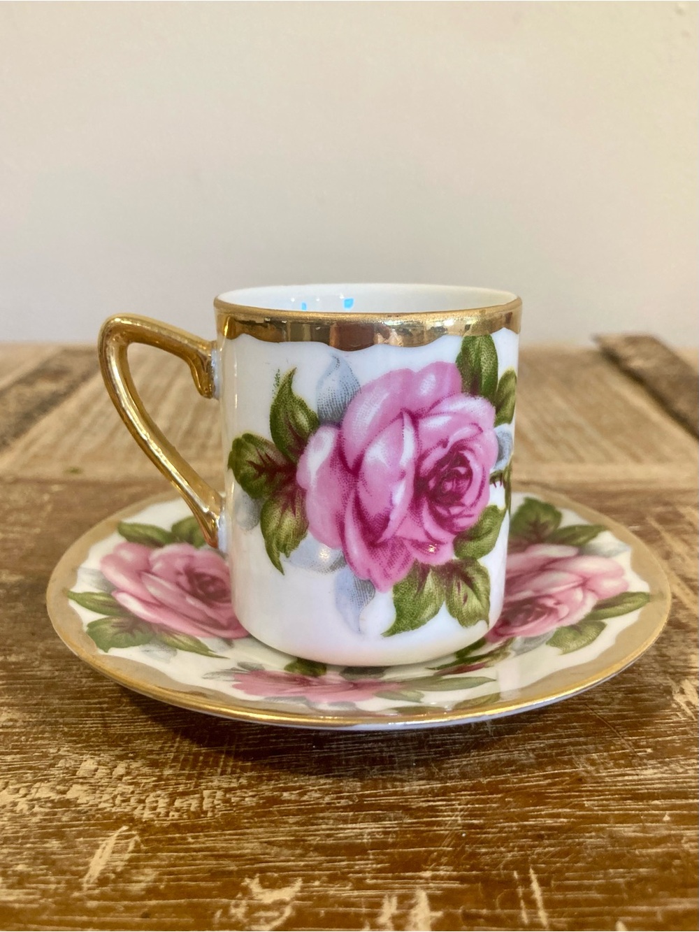 Pink Rose Demitasse Cup & Saucer with Gold Trim Andrea by Sadek Made in Japan